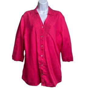 Chico's Women's Hot Pink Beaded Linen Button Up Shirt Size 2 Large Lagenlook